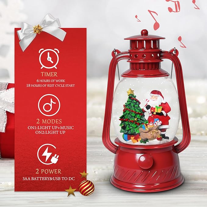 Christmas Snow Globes, 7.8" Santa Claus Christmas Glitter Lantern with 8 Songs, 6H Timer Battery & USB Powered Music Box for Christmas Table Decorations