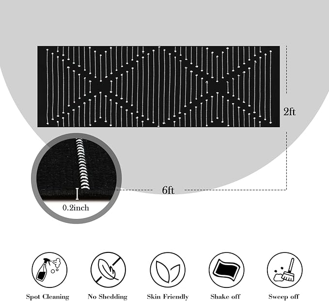 LIVEBOX Black Runner 2'x6' Boho Washable Rug for Hallway, Moroccan Woven Entryway Throw Area Rug Indoor Cotton Mat for Kitchen Laundry Room Bathroom Entry