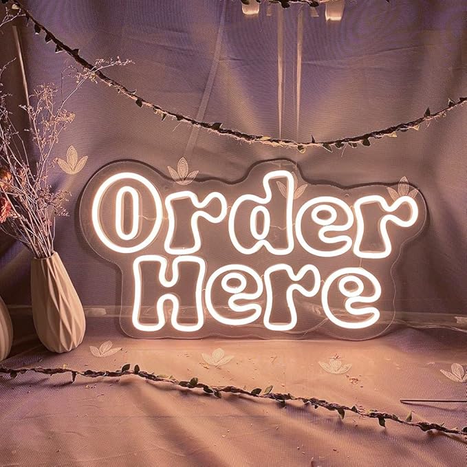 Large Order Here Neon Sign for Business-Adjustable Brightness Neon Lights Sign for Party Bar Salon Stores Shop Hotel Wall Decor With Hanging Chain for Store Windows-Warm White,20 IN