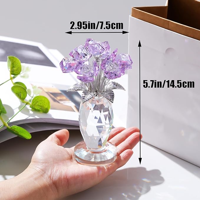 Crystal Purple Rose Bouquet Figurines Gifts for Women Romantic Flowers Ornament for Home Decor Anniversary Birthday Valentine's Day Presents for Girlfriend Wife Partner