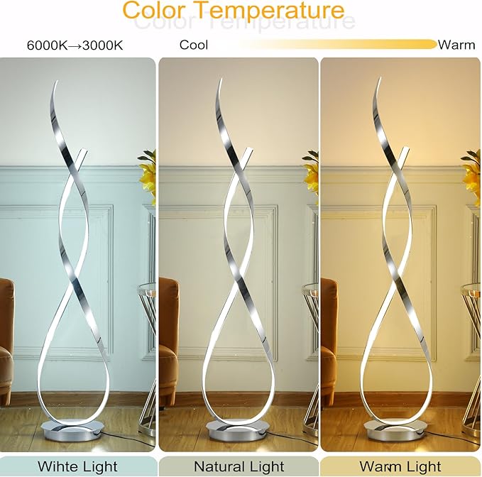 Chrome Spiral Floor Lamp, 54.3inch Tall LED Modern Standing Floor Lamp with Remote Control, 3 Color Dimmable 40W 4000LM Super Bright Floor Lamps for Living Room Bedroom