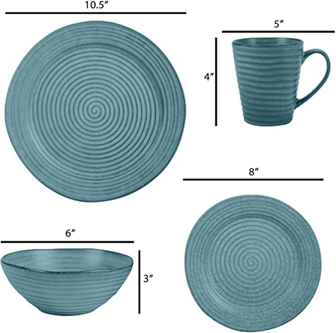 Elanze Designs Charming Chic Ribbed Modern Thrown Pottery Look Ceramic Stoneware Plate Platter Mug & Bowl Kitchen Dish Dinnerware 16 Piece Set - Service for 4, Turquoise