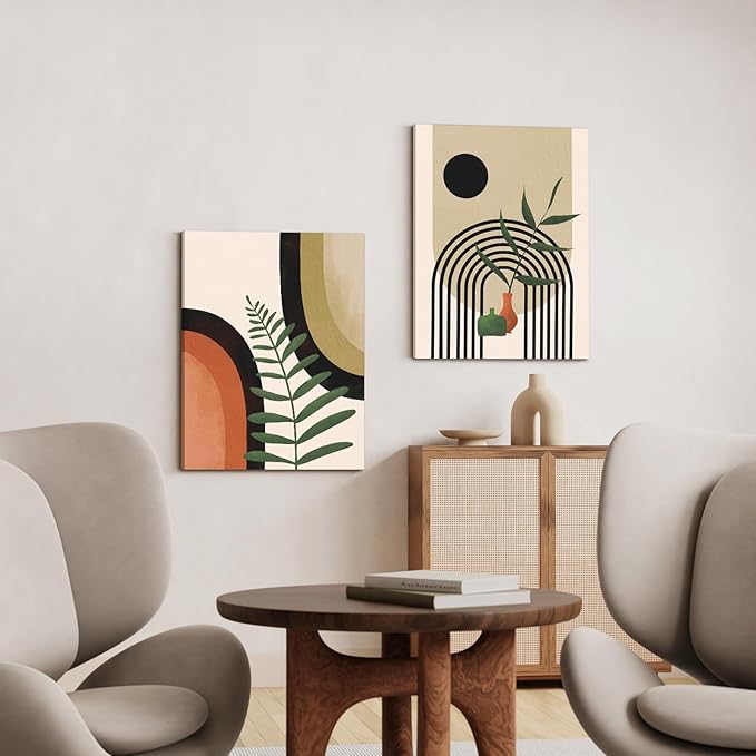 Boho Wall Art painting Set of 3, Mid Century Modern Wall Art, Boho Room Decor, Neutral Abstract Geometric Prints Black Beige Botanical Framed Canvas Print Wall Art Ready to Hang for Living Room 12x16inch