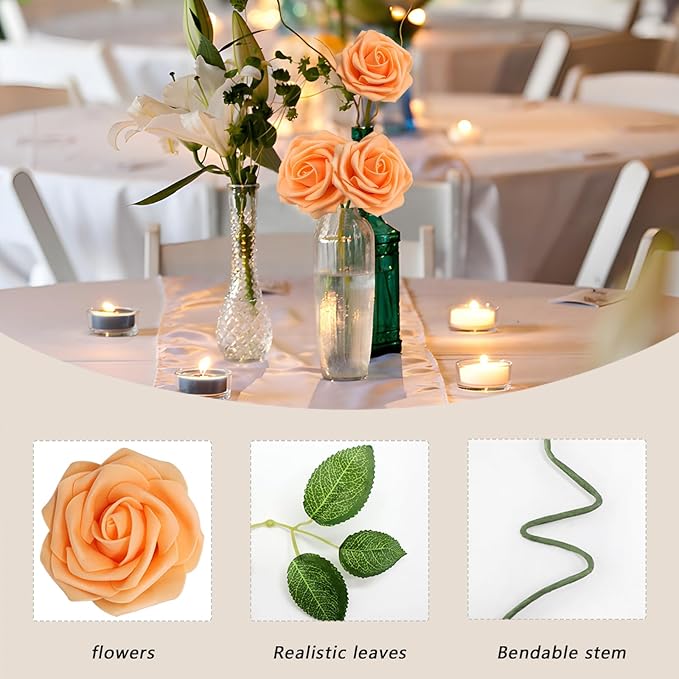 200PCS Orange Artificial Flowers Roses Real Looking Foam Fake Roses with Leaves for DIY Wedding Bouquets Bridal Shower Party Decorations (Orange, 200)