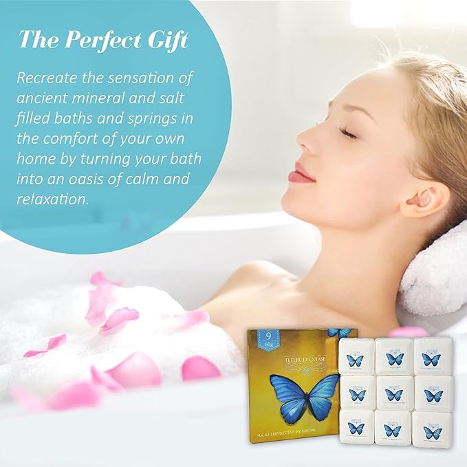 Set of 9 Organic Bath Bombs in a Beautiful Bath Bomb Gift Set - French Style Effervescent Ecstacy Bathbomb Essential Oil Spa Fizzies. Made with Natural Colors