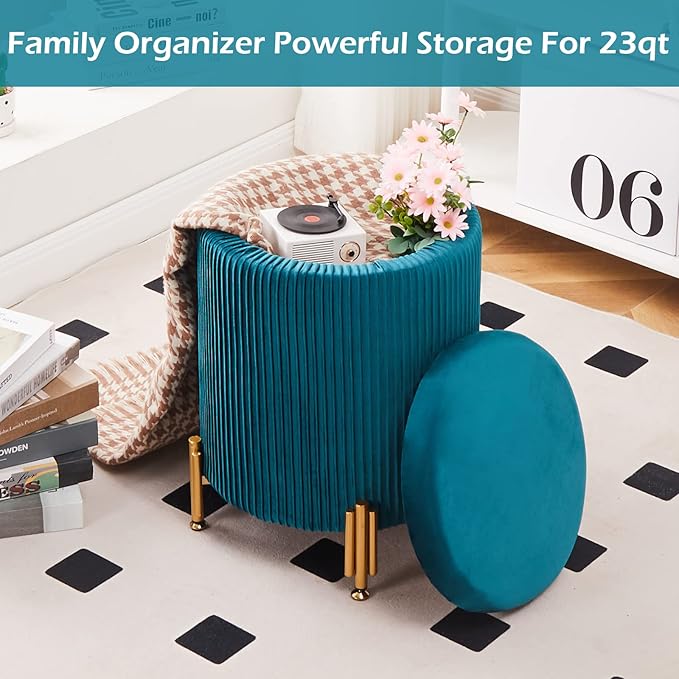 Mxfurhawa Round Ottoman Foot Stool with Storage and Metal Legs for Living Room Bedroom, Velvet Upholstered Footrest Stool Support 300lbs Modern Padded Seat Ottoman Coffee Table (Teal)