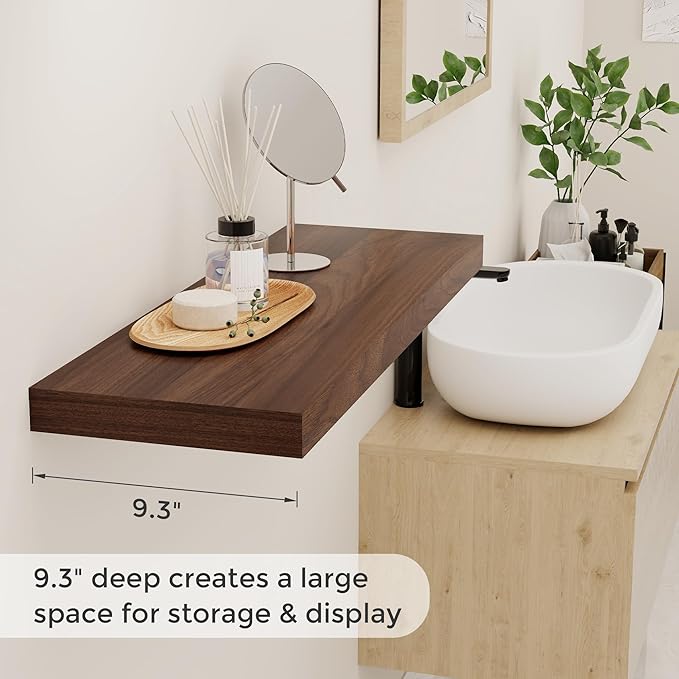 Fun Memories Floating Shelves 32" W x 9" D, Deep Floating Shelves for Wall, 9.3 Inch Deep Wall Shelves for Bathroom, Living Room, Wide Storage & Display Shelves for Home Decor, Walnut Color