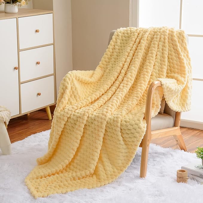 Vessia Flannel Fleece Throw Blanket(50x70 inch), 3D Jacquard Light Yellow Fuzzy and Warm Blanket for Couch,Sofa,Bed,Chair, 300GSM Super Soft Touch Cozy Lightweight Throw for All-Season Home Decor