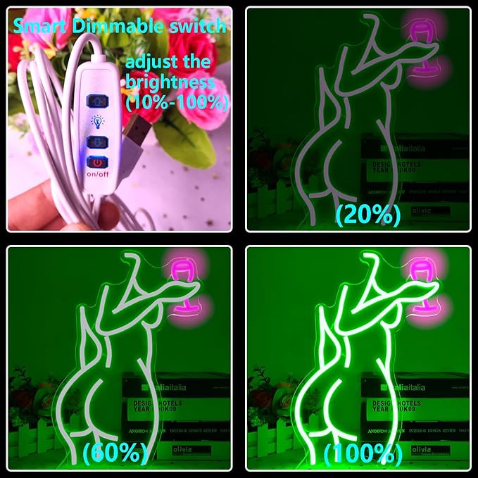 Ajoyferris Lady Back Neon Sign Dimmable LED Lady neon sign Green Neon Sign Woman Neon Sign Sexy Lady Neon Signs for Bedroom Man Cave Bar Store Home Party Art Decor Gifts(16X11 inches,Green)
