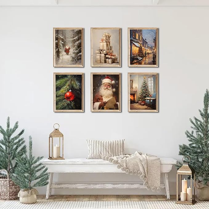 Christmas Canvas Wall Art Christmas Pictures Wall Decor Christmas Poster Winter Vintage Holiday Gallery Print set of 6, Santa Claus Tree Gift, Santa Oil Painting Christmas Holiday Decor- 8"X10"