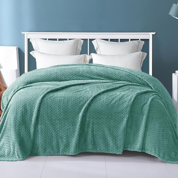 Exclusivo Mezcla Celadon Fleece King Size Blanket for Bed, 90x104 Inches Soft Cozy Jacquard Flannel Blankets, Lightweight Fuzzy Plush Warm for All Seasons