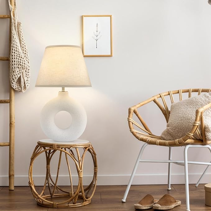 Boho Table Lamp for Living Room Bedroom, 21" Modern Ceramic Bedside Lamps 3 Color Temperature Farmhouse Rustic White Table Lights for Night Stands, Dorm, Office, Home Décor (Bulb Included)