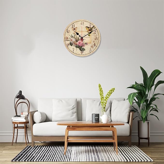 Catuy 12 Inch Wood Wall Clock Silent Non-Ticking Wall Clocks for Office,Bathroom,Living Room,Dining Room,Kitchen Decoration, Flowers/Birds Style Round Hanging Clock