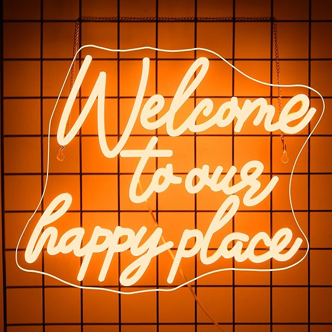 NOSUN WELCOME TO OUR HAPPY PLACE Neon Sign Happy Place Neon Signs for Wall Decor Dimmable Warm White LED Signs for Bedroom Classroom Man Cave Home Bar Birthday Party Game Zone Decor Neon Classroom Sign