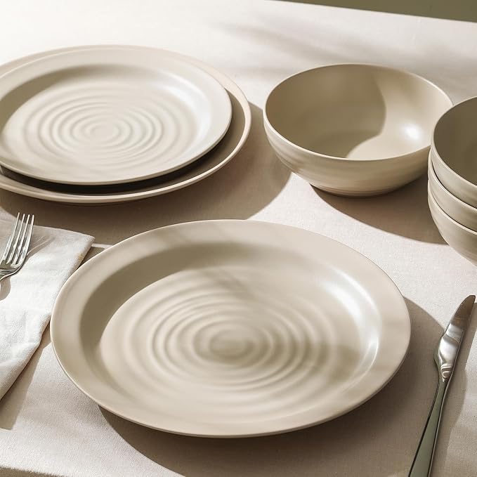 Stone Lain Orbit 12-Piece Dinnerware Set Stoneware, Plates and Bowls Set, Pasta Bowls, Microwave and Dishwasher Safe, Dish Set for 4, Beige