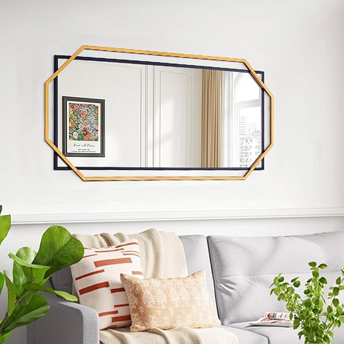 Large Black and Gold Frame Bathroom Mirror,Decorative Wall Mirror with Modern Metal Octagonal for Living Room, Bedroom, Dining Room, Entryway (46.5" x 23")