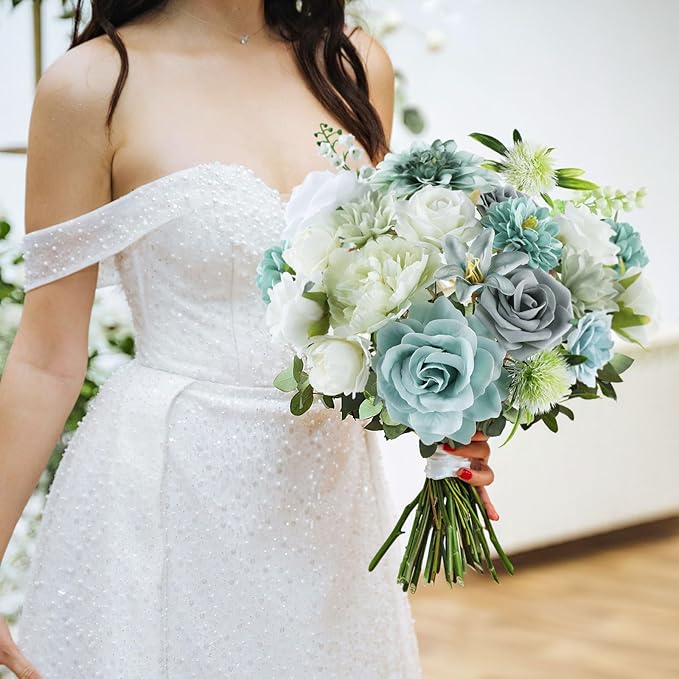 AmyHomie Teal Blue Artificial Flowers Combo Silk Mix Peony Rose Fake Flowers w/Stem for DIY Wedding Bouquets Centerpieces Arrangements Table Fall Decor Party Bridal Baby Shower Home Decorations