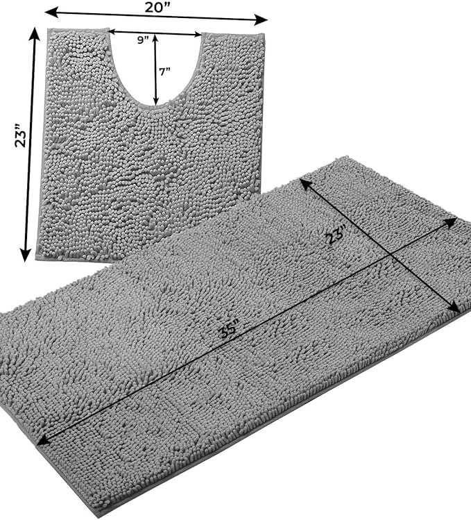 Bathroom Rugs Sets 2 Piece, Luxury Chenille Bath Mat Set, Soft Plush Anti-Slip Bath Rug + U-Shaped Toilet Mat. Microfiber Shaggy Carpet, Super Absorbent (24” x 36” & 20” x 24” U, Light Grey)