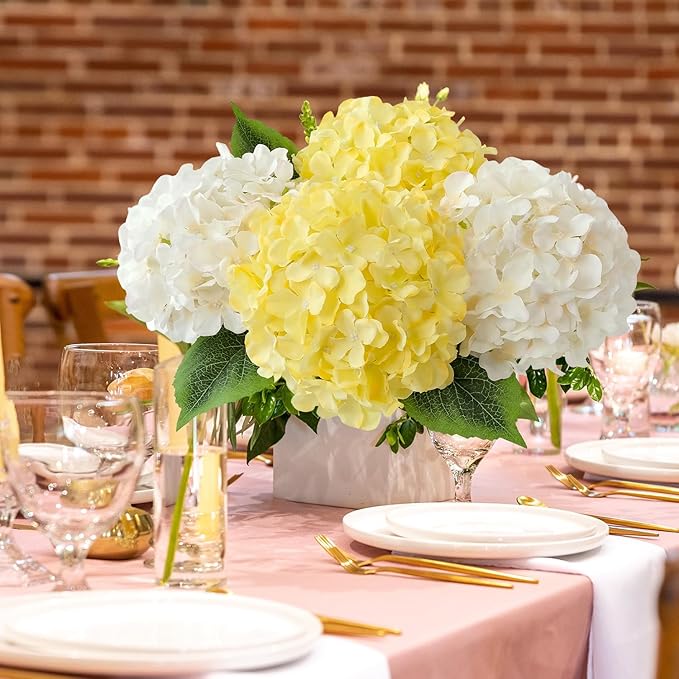 Yellow Fake Hydrangea Flower Heads with Stems, 5Pcs 20Inch Full Fake Flowers for Wedding Home Garden Indoor Bouquet Table Centerpieces Floral Arrangements