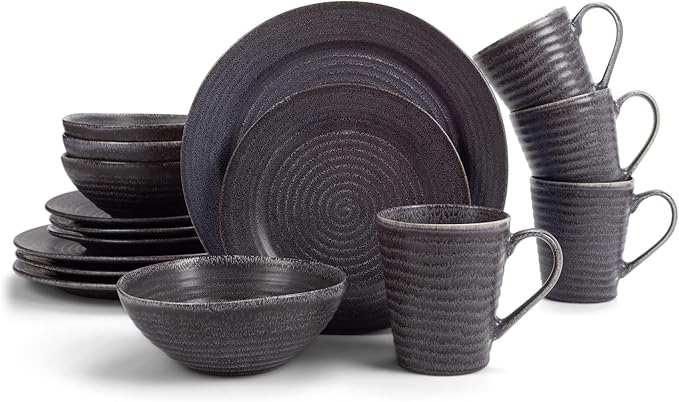 Elanze Designs Charming Chic Ribbed Modern Thrown Pottery Look Ceramic Stoneware Plate Platter Mug & Bowl Kitchen Dish Dinnerware 16 Piece Set - Service for 4, Charcoal Grey