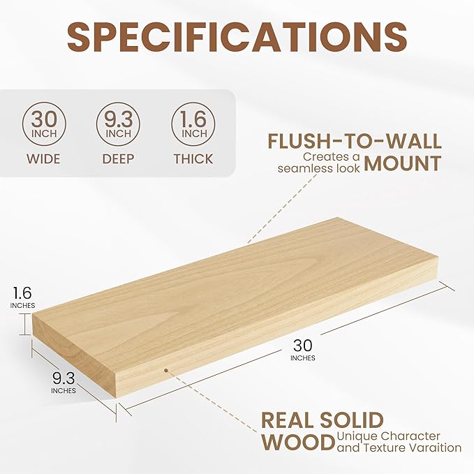 Fun Memories Deep Floating Shelves 30 Inch Long, Natural Wood Floating Shelf for Wall, Set of 2, Rustic 9 Inch Deep Wall Shelves, Deep Bathroom Shelves for Storage & Display, Natural Color