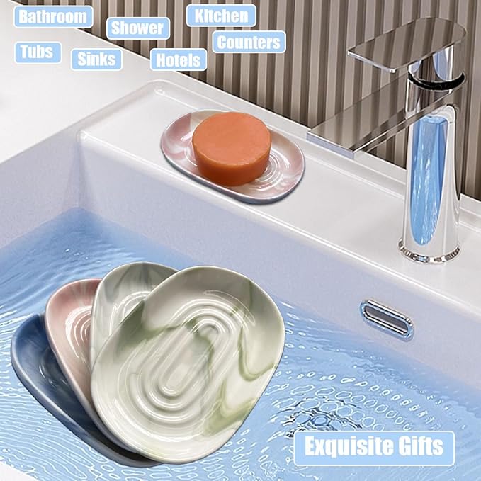 Soap Dish Ceramic, Decorative Ceramic Soap Holder with Unique Marble Textures, Bar Soap Holder for Shower, Bathroom, Kitchen, Tubs, Sink, Hotels, Counters (Pink Texture)
