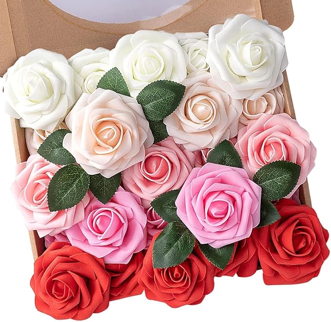 N&T NIETING Artificial Flowers 50pcs Real Touch Faux Flowers Bulk with Stems for DIY Wedding Bouquets Bridal Shower Centerpieces Floral Arrangements Party Valentine's Day Home Decorations(Series Red)