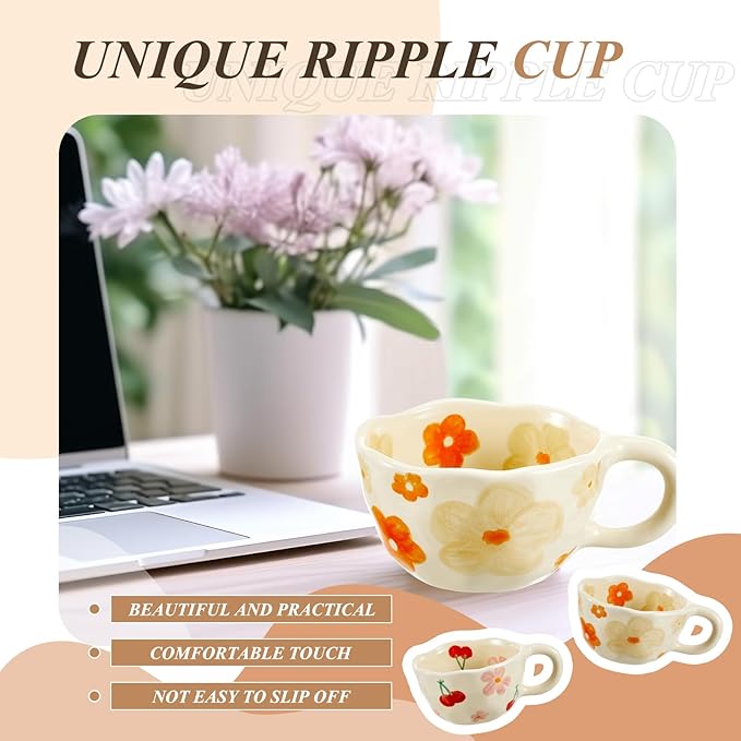 Vesici 2 Pcs Ceramic Coffee Mugs Flower Cups with Spoon Vintage Floral Mugs with Handle 8.5 oz Aesthetic Tea Porcelain Cup Gift for Valentine Office Home, Dishwasher and Microwave Safe(Fresh)