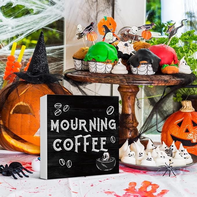 Halloween Decorations, Mourning Coffee Wooden Sign Decor Desk Sign Gothic Home Wooden Block Sign Halloween Kitchen Decor for Table Shelf 5 x 5 Inch