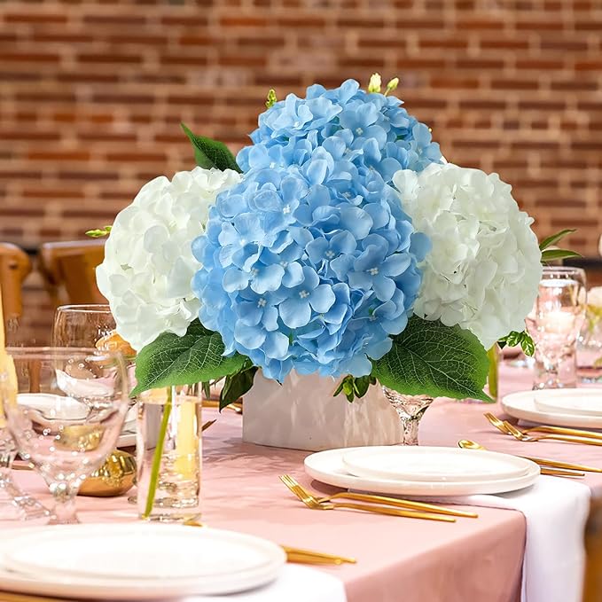 Blue Flowers Hydrangea Artificial Flowers, 5Pcs 20Inch Large Lifelike Silk Artificial Hydrangeas, Full Fake Flowers for Bouquet Table Centerpieces Wedding Indoor Home