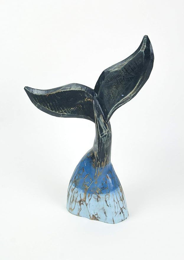 Exquisite Coastal Blue Carved Wooden Whale Tail Sculpture - 16-Inch High Tabletop Statue Ideal for Nautical Home Decor, Beach Houses, and Coastal-Themed Spaces