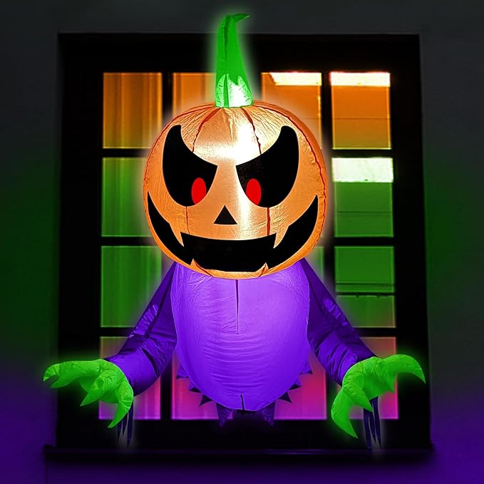 TURNMEON 4 Ft Halloween Inflatable Decorations Outdoor Pumpkin Ghost Broke Out from Window, Blow Up with Build-in LED Lights for Halloween Decorations Outside Indoor Home Party Yard Garden Lawn Decor