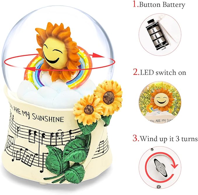 Sunflower Music Box Sunshine Gift, Birthday Anniversary Christmas Mother Day Snow Globe Gift for Mom Grandma Daughter Wife Girlfriend Women, Sunflower with Light Play You are My Sunshine