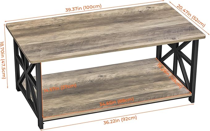 GreenForest Coffee Table for Living Room with Round Corners Farmhouse Style Center Table with Storage Shelf 39 Inch Space Saving Easy Assembly Gray Wash