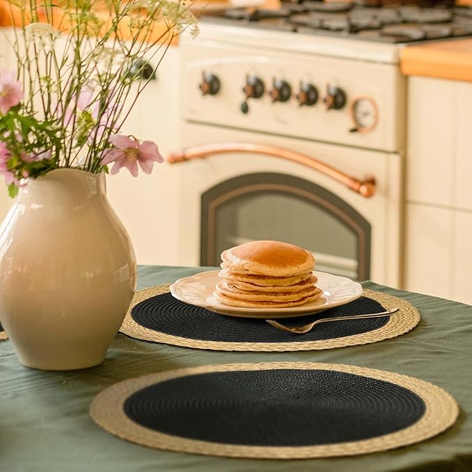 Noctiflorous Round Braided Placemats Set of 6 Table Mats 15 Inches Washable Heat Resistant for Dining Table Non-Slip Indoor Outdoor Place Mats for Thanksgiving Christmas Easter(Black Wide Edge 6)