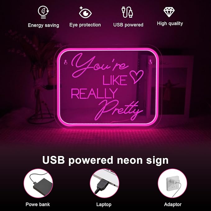 Lucunstar You're Like Really Pretty Neon Sign,Pink Led Neon Light for Wall Decor,Light Sign for Wedding Dimmable Switch USB Powered with Neon Lights for Bedroom,Home Decor