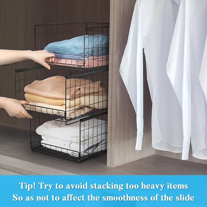 4-tier Sliding Closet Organizers and Drawer Storage Shelves, Stackable Bins for Jean Pants Sweaters, Metal Drawer Slid Clothes Storage Container, Closet Organizers for Clothes-Black