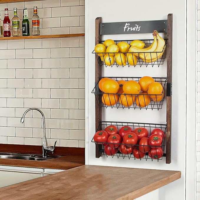 J JACKCUBE DESIGN 3 Tier Wall Mount Fruit Basket, Hanging Wire Fruit Vegetable Storage Organizer Rack for Kitchen with Chalkboard- MK657B
