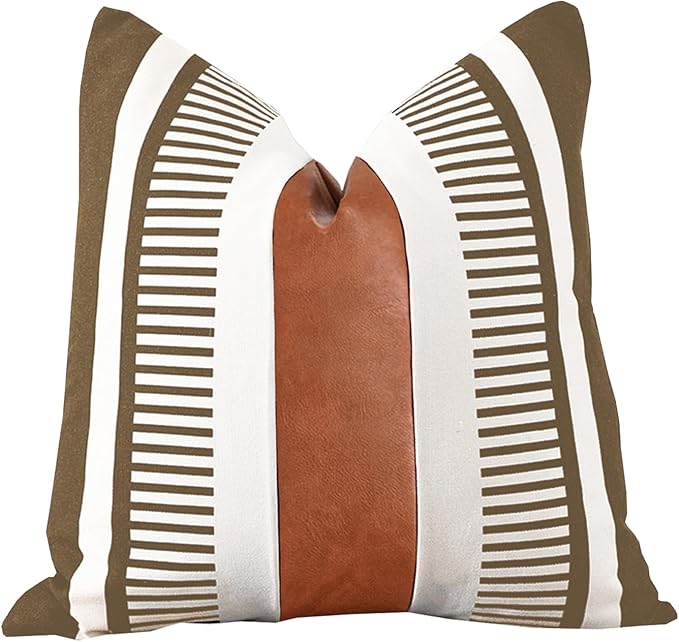 Farmhouse Throw Pillow Covers for Couch Sofa Decorative Faux Leather Square Cushion Cover Tribal Stripe Accent Pillow Case 18 x 18 Inch,Dark Coffee