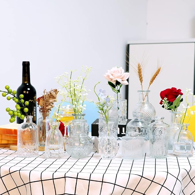 Glass Bud Vases Set of 32,Small Flower Vases for Wedding Centerpiece Table Decorations,Clear Vintage Embossed Mini vases,Flower Arrangements in Vases for Party or Home Decor