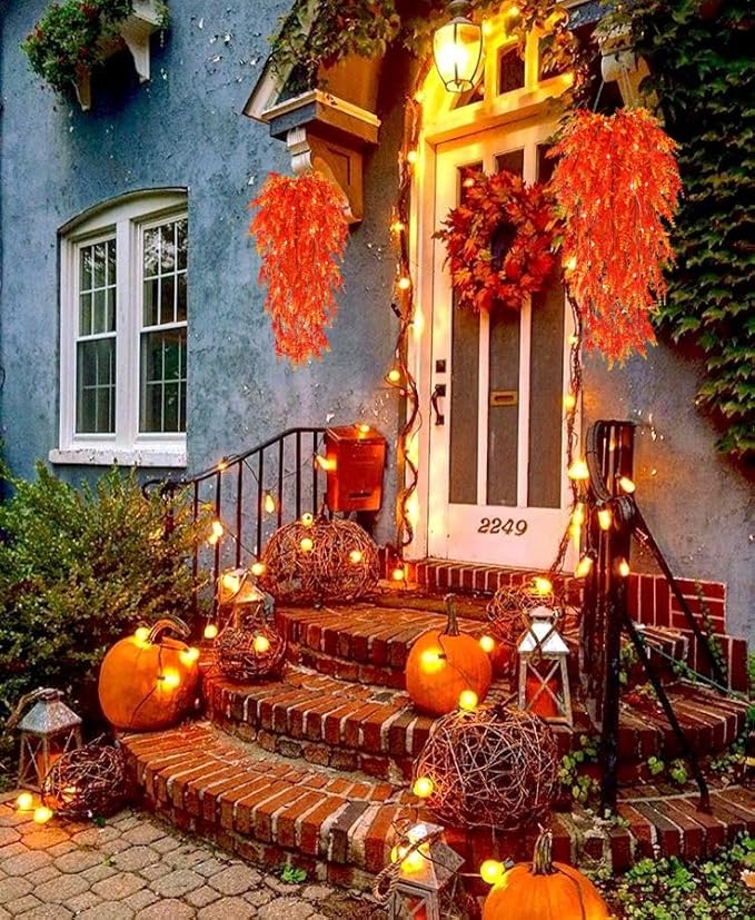 RECUTMS Fall Flowers Faux Hanging Plants Artificial Autumn Fake with Lights for Thanksgiving Indoor Outdoor Wedding Garden (Gold 2)