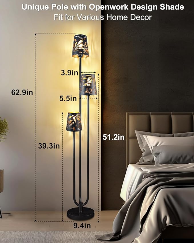 63IN Floor Lamp with Metal Shade, Unique 3 Black Poles Tall Standing Lamps, 3000K Warmwhite Mid Century Modern Floor Lamp for Living Room Home Office(Bulbs Included)
