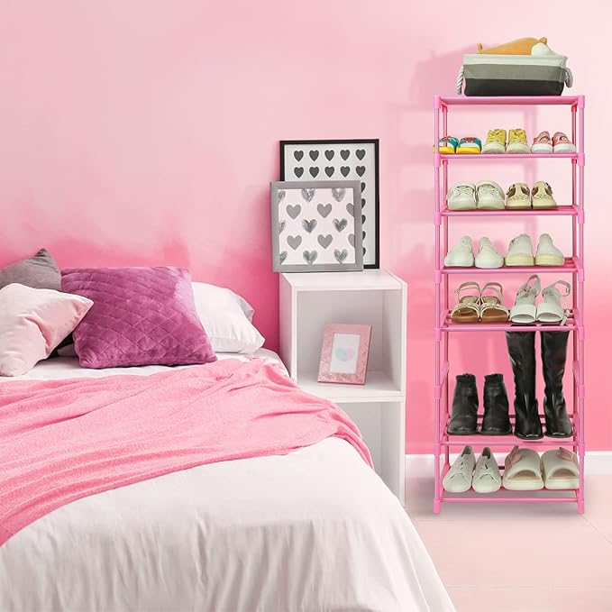 4-Tier Free Standing Shoe Racks for 6-8 Pairs Shoe Storage,Kids Shoe Racks for Small Place,Lightweight Stackable Shoe Shelf Organizer for Entryway, Doorway and Closet,Pink