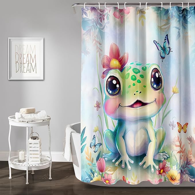 AILONEN Cartoon Frog Shower Curtain,Kawaii Frog Waterproof Fabric Bath Curtain for Kids Girls,Watercolor Blue Flower with Butterfly Shower Curtain Set for Bathroom with Hooks,36" W*72" H