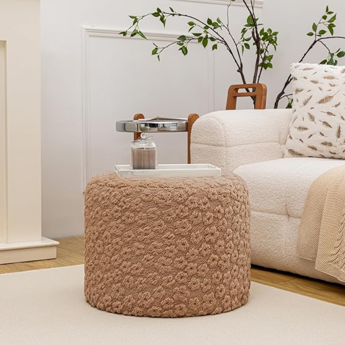 Round Plush Stuffed Ottoman Pouf - Ultra-Soft Furry Ottoman Foot Rest with High-Density Foam Filling, 20" x 14" Multi-Functional Floor Pouf for Living Room