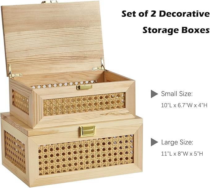 2PCS Decorative Rattan Storage Boxes Solid Wood Baskets Bins with Lid Keepsake Memory Jewelry Box Natural Boho Shelf Wicker Closet Desk Organizer Container (Light Wood, 1 Large 1 Small)