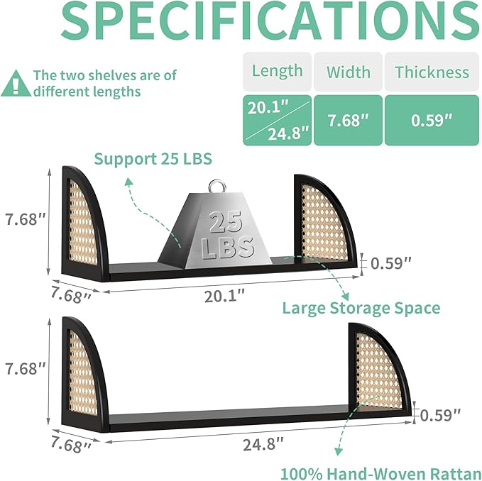 Floating Shelves for Wall,Rattan Wall Mounted Shelves for Wall Decor,Sturdy Wood Bathroom Shelves for Kitchen,Bedroom,Living Room,24.8 * 7.68 inch,Set of 2,Black