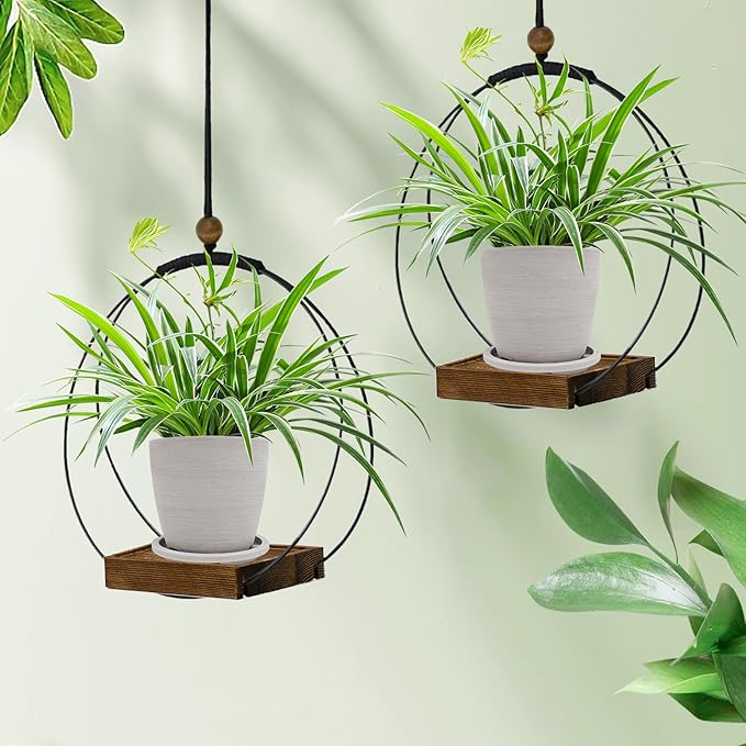 Hanging Planter for Indoor Plants,Plant Hanger with Sturdy Wood Base & Pot, Modern Boho Macrame Plant Hanger,Wall Ceiling Window Stands(2 Pack+Pots)