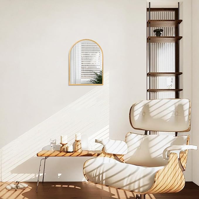 Wall Mirror Arched Bathroom Mirrors, Aluminum Alloy Frame Hanging Vanity Mirror for Living Room Bedroom Entryway Vanity, Brushed Metal Framed Wall Mounted Mirror Gold 16"x12"