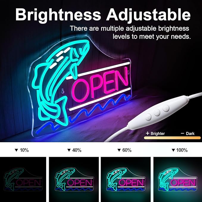 NEONLOVE Fish Neon Sign Fish Shop Neon Open Signs for Business Open Neon Signs Acrylic Fish Neon Light Sign for Fish Shop Supermarket Salmon Shop Open Light Up Sign Fish LED Neon Sign for Wall Decor